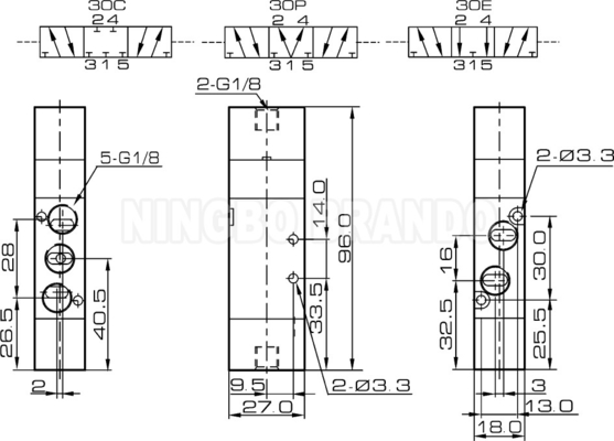 エアタックタイプ4A130C-06 1/8' 圧力空中パイロットバルブ 5/3 Way