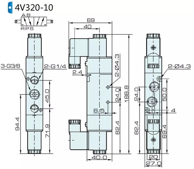 4V320-08空気の電磁弁の次元: